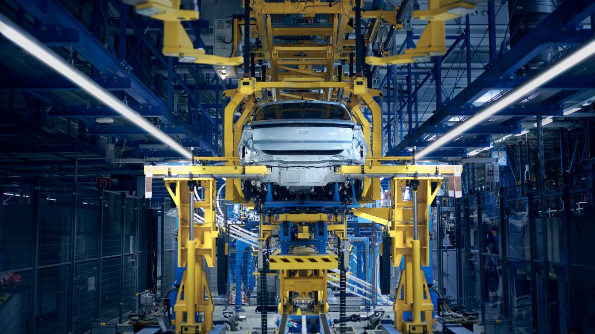 A vehicle on the assembly line at Ford's Cologne Electric Vehicle Center