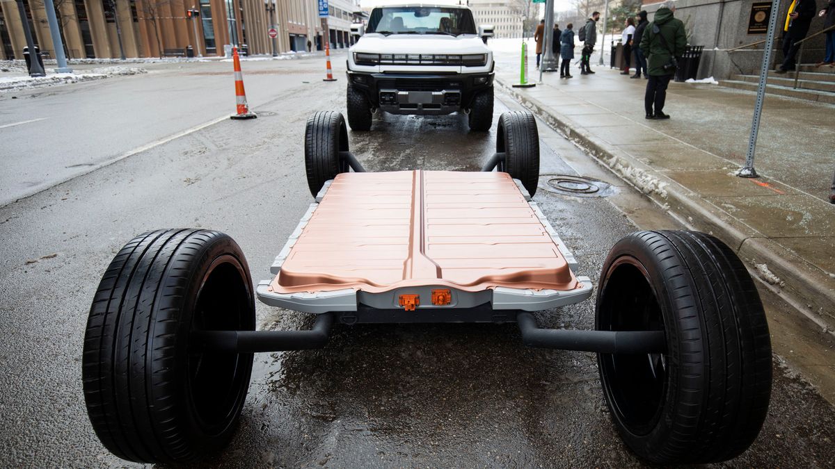 A General Motors Hummer EV chassis outside of an event in Lansing, Michigan where CEO Mary Barra announced a $7 billion investment in EVs and battery production.