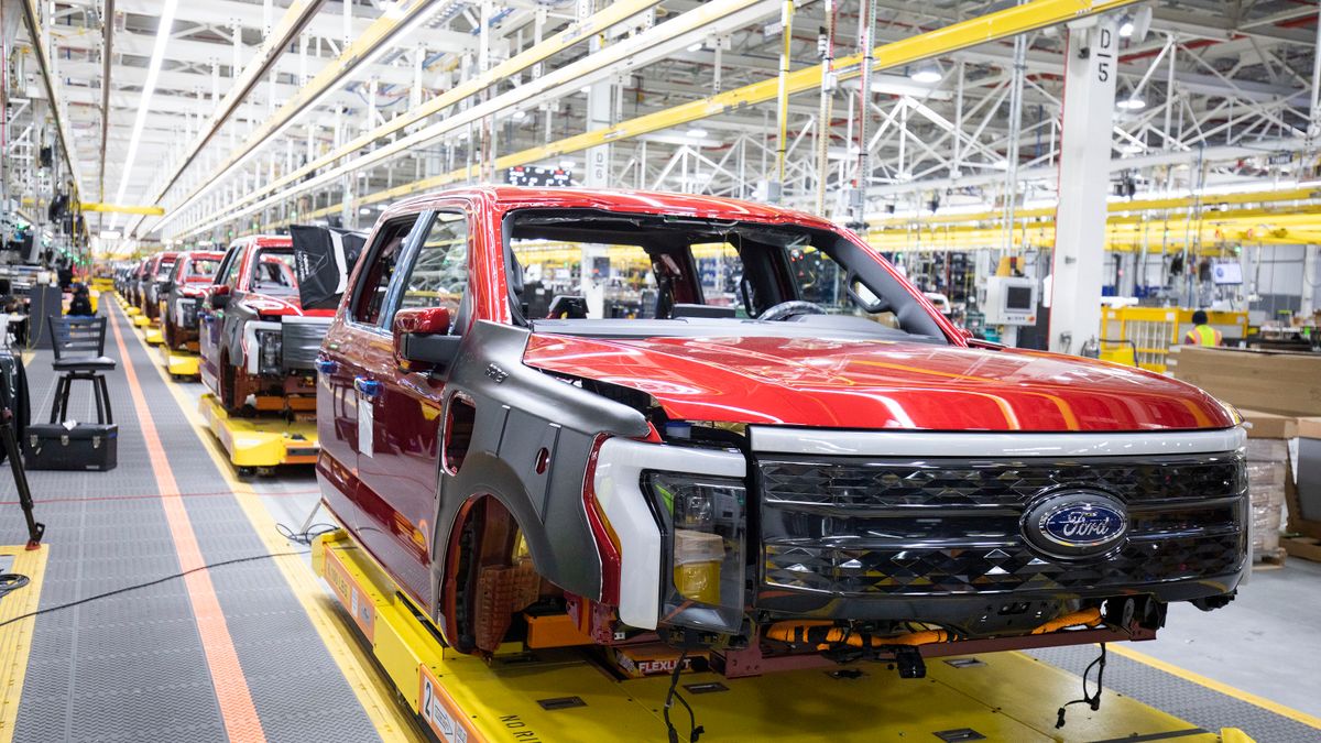 Ford F-150 Lightning pickup trucks sit on the production line at the Ford Rouge Electric Vehicle Center.