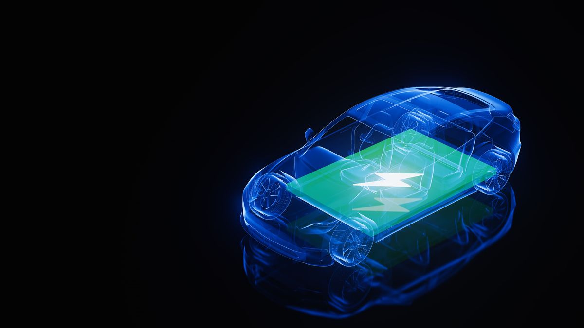 A blue transparent car with a green cylinder battery with a bright yellow lightning bold in its center, with a black background.