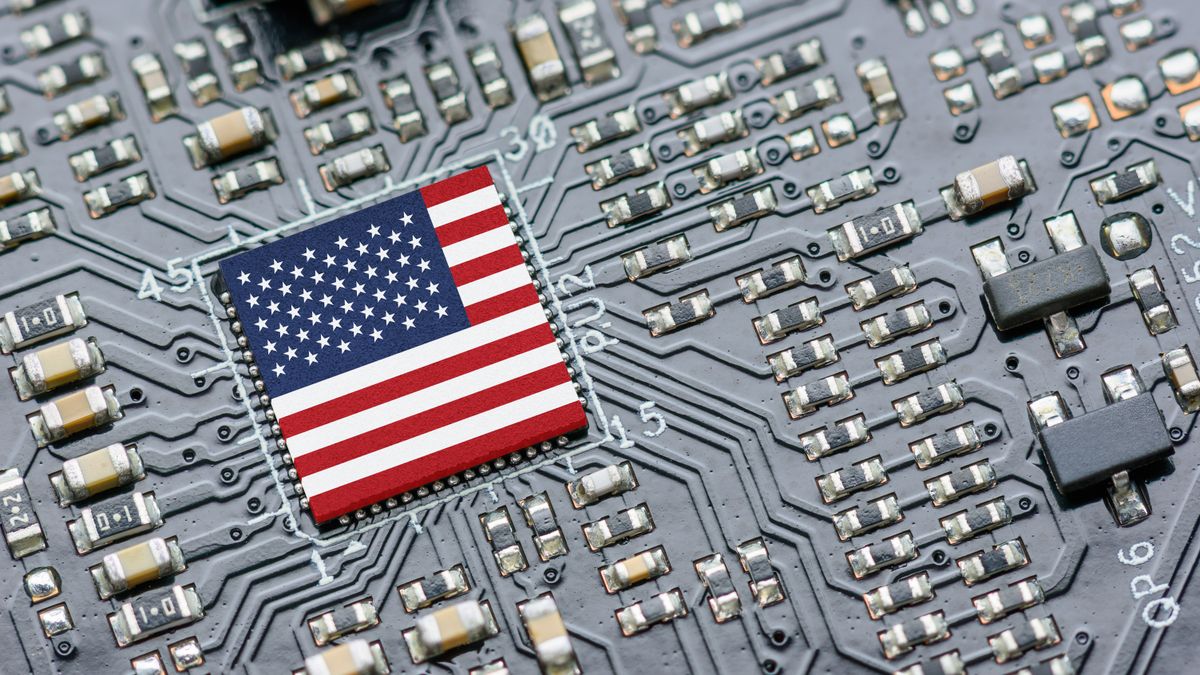 An American flag on a semiconductor chip.