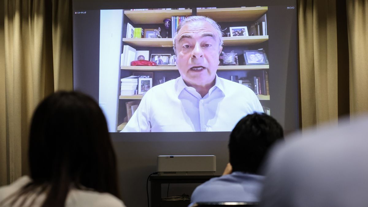 Former Nissan CEO Carlos Ghosn speaks via video during a press conference at the Foreign Correspondents' Club of Japan on July 18, 2023, in Tokyo, Japan.