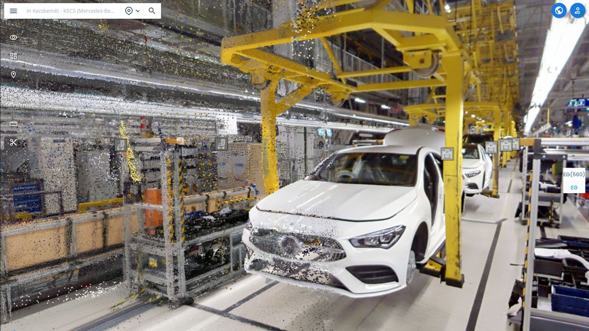 A photo capture of a Mercedes-Benz manufacturing plant, used to create a digital twin.