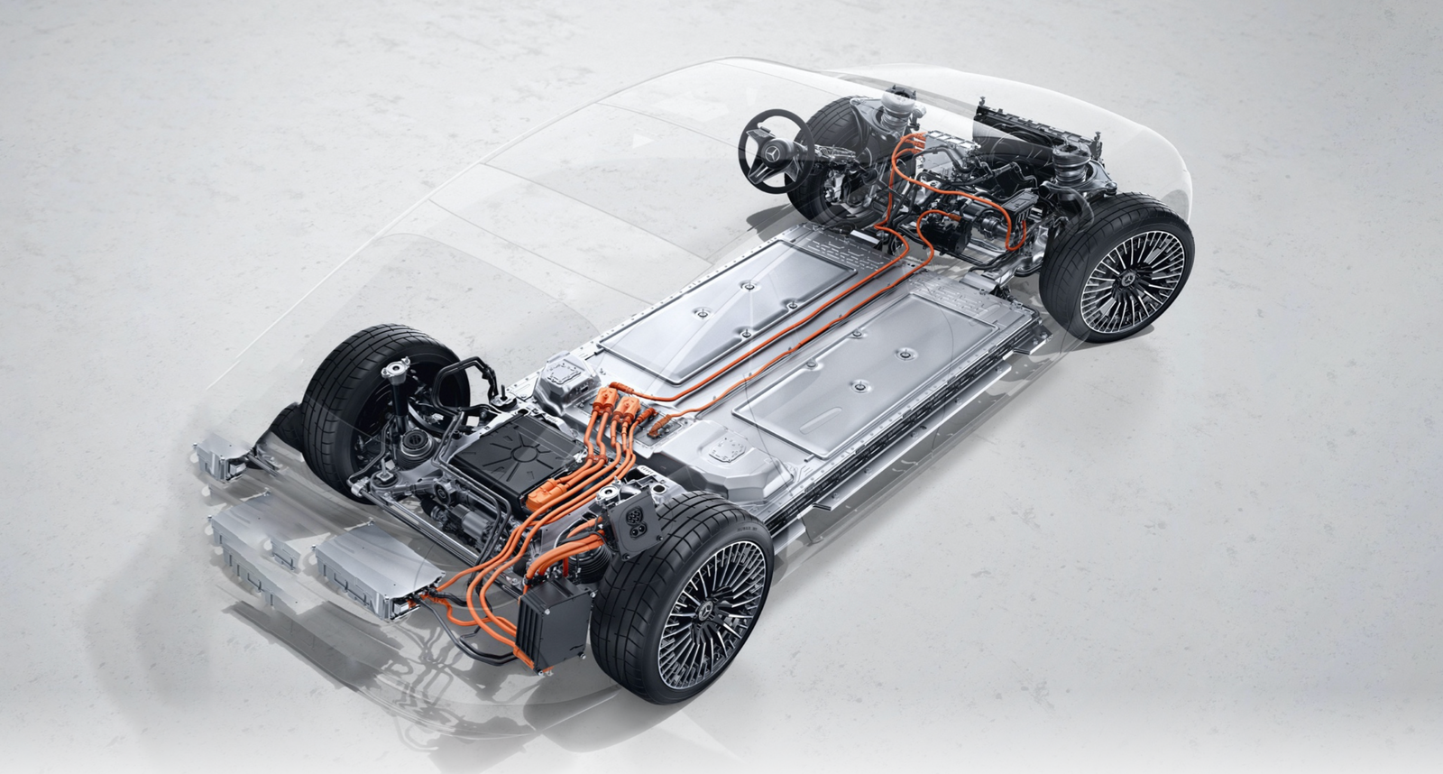 An illustration of a clear Mercedes-Benz shell with tires and connected electrical components